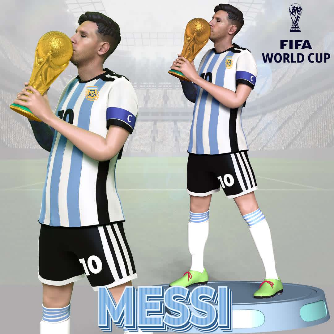 Lionel Messi 2022 - World Cup Champion 2022.

Lionel Andrés Messi also known as Leo Mess. In 2022, he captained his country to win the 2022 FIFA World Cup, for which he won the Golden Ball for a record second time and , and broke the record for most appearances in World Cup tournaments, where he won record Player of the Match awards including record five times player of the match in a single World Cup in 2022.

These information of this model:

 - Files format: STL, OBJ (included 03 separated files is ready for 3D printing). 
 - Zbrush original file (ZTL) for you to customize as you like.
 - The height is 20 cm
 - The version 1.0. 

The model ready for 3D printing.
Hope you like him.
Don't hesitate to contact me if there are any problems during printing the model - The best files for 3D printing in the world. Stl models divided into parts to facilitate 3D printing. All kinds of characters, decoration, cosplay, prosthetics, pieces. Quality in 3D printing. Affordable 3D models. Low cost. Collective purchases of 3D files.