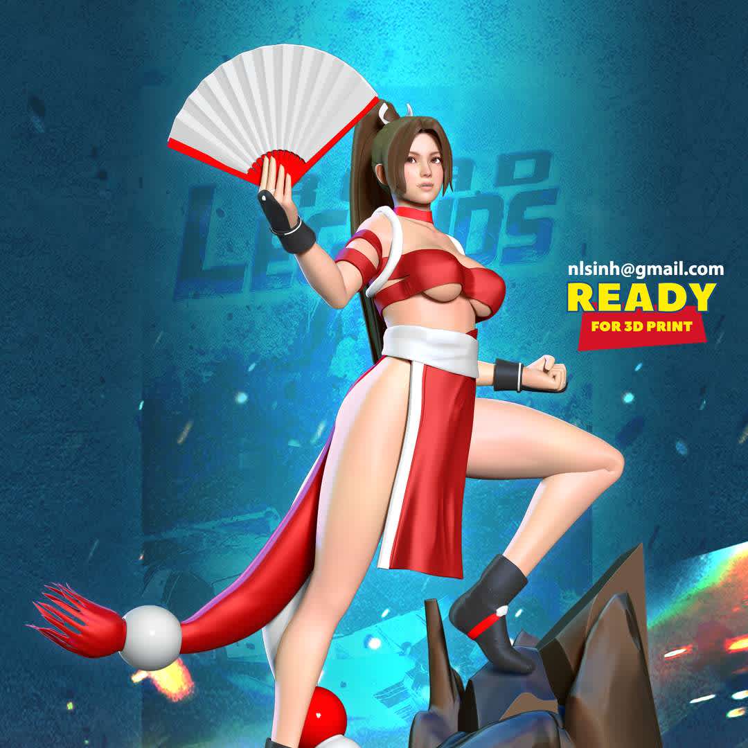 Mai Shiranui Fanart - Mai Shiranui is a fictional character in the Fatal Fury and The King of Fighters series of fighting games by SNK.

When you purchase this model, you will own:

- STL, OBJ file with 07 separated files (with key to connect together) is ready for 3D printing.

- Zbrush original files (ZTL) for you to customize as you like.

This is version 1.0 of this model.

Thanks for viewing! - Os melhores arquivos para impressão 3D do mundo. Modelos stl divididos em partes para facilitar a impressão 3D. Todos os tipos de personagens, decoração, cosplay, próteses, peças. Qualidade na impressão 3D. Modelos 3D com preço acessível. Baixo custo. Compras coletivas de arquivos 3D.