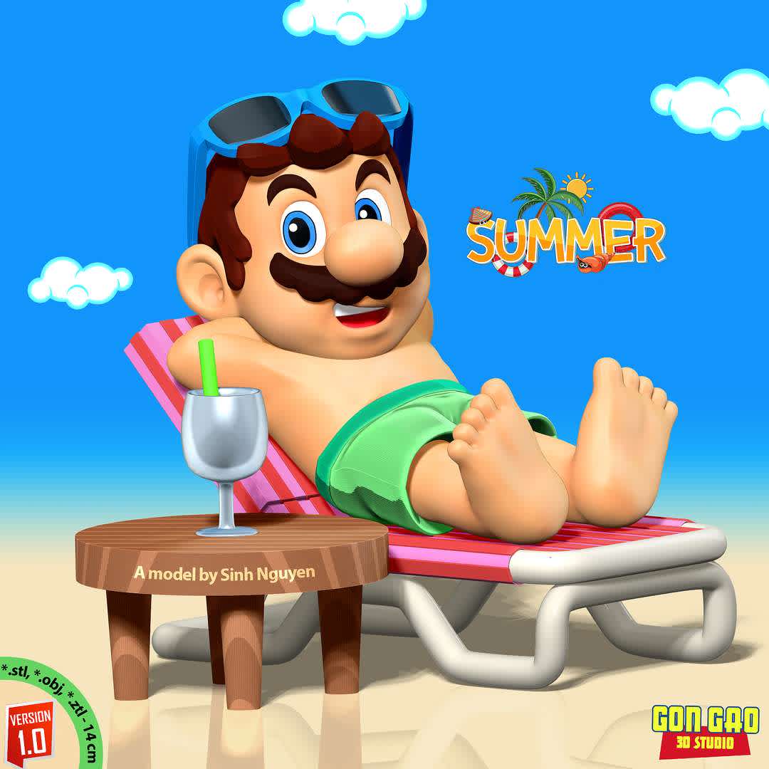 Mario on summer vacation - "In the hot summer, it's better to go to the beach to cool off."

Basic parameters:

- STL format for 3D printing with 05 discrete objects
- Model height: 14cm
- Version 1.0 - Polygons: 1450866 & Vertices: 743442

Model ready for 3D printing.

Please vote positively for me if you find this model useful. - Os melhores arquivos para impressão 3D do mundo. Modelos stl divididos em partes para facilitar a impressão 3D. Todos os tipos de personagens, decoração, cosplay, próteses, peças. Qualidade na impressão 3D. Modelos 3D com preço acessível. Baixo custo. Compras coletivas de arquivos 3D.