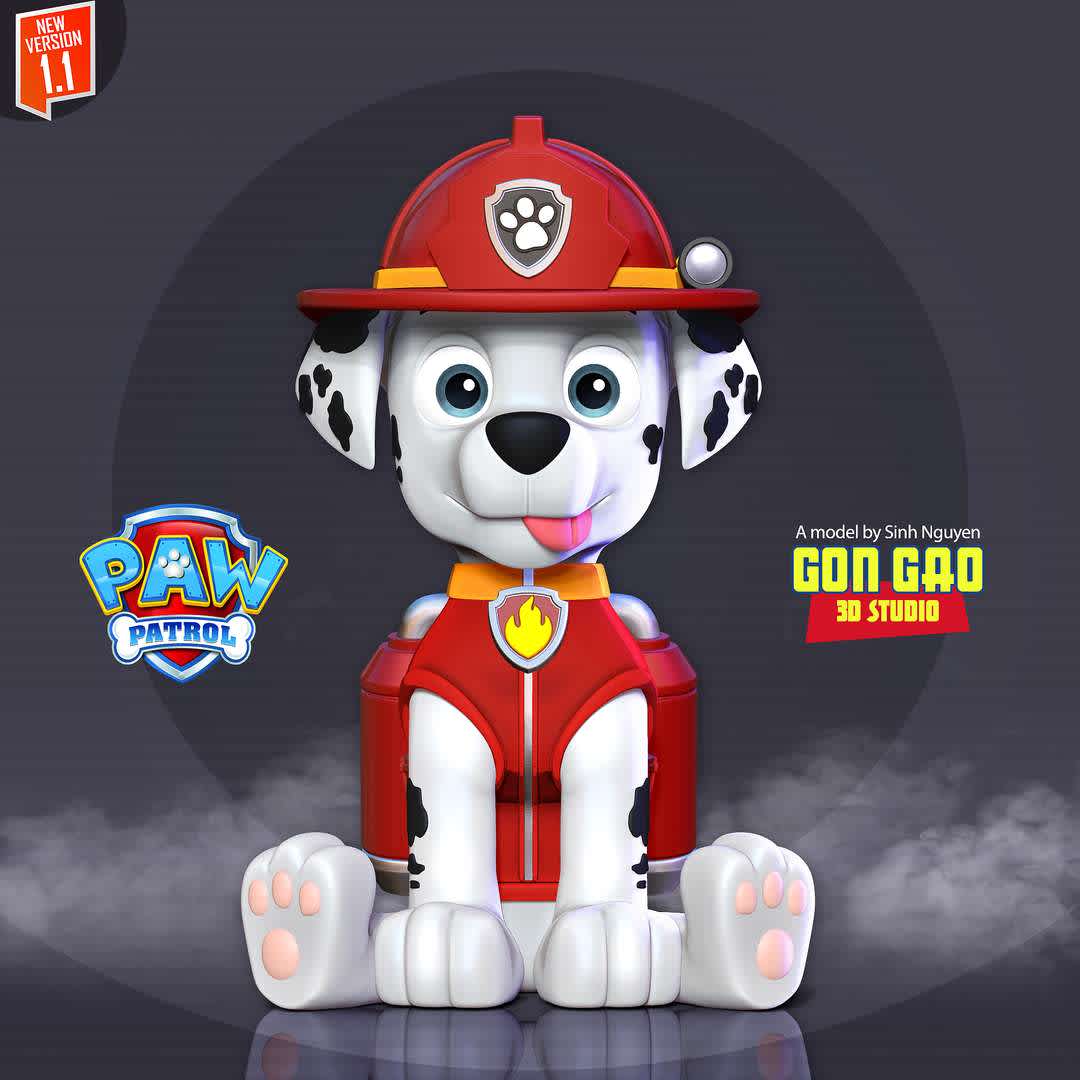 Marshall - Paw Patrol Fanart  - "Marshall is a Dalmatian puppy and one of the seven main protagonists in the TV series PAW Patrol."

Basic parameters:

- STL format for 3D printing with 03 discrete objects
- Model height: 15cm
- Version 1.0: Polygons: 1769332 & Vertices: 965212

Model ready for 3D printing.

Please vote positively for me if you find this model useful. - Os melhores arquivos para impressão 3D do mundo. Modelos stl divididos em partes para facilitar a impressão 3D. Todos os tipos de personagens, decoração, cosplay, próteses, peças. Qualidade na impressão 3D. Modelos 3D com preço acessível. Baixo custo. Compras coletivas de arquivos 3D.