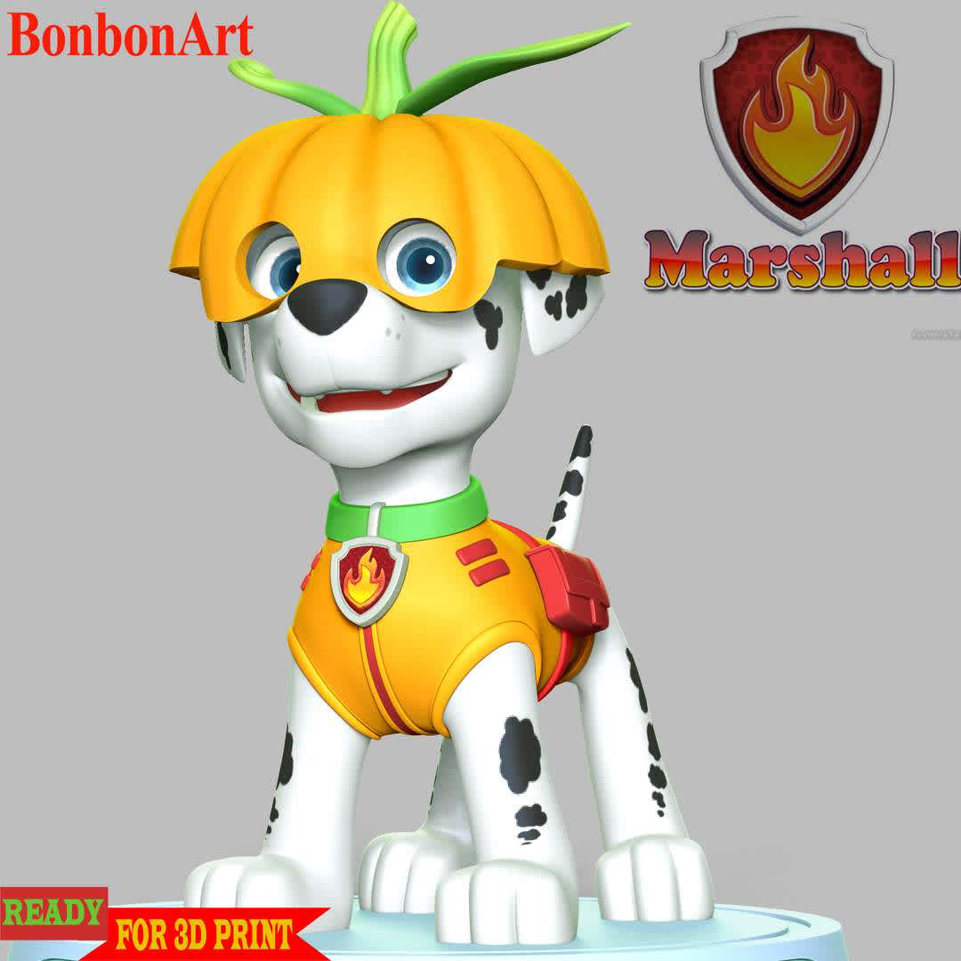 Marshall  - Marshall is a Dalmatian puppy and one of the 7 main protagonists in the TV series PAW Patrol. He is the 3rd member of the PAW Patrol and the team's fire pup, as well as the medic pup. 

**These information of this model:**

- The model ready for 3D printing.
- The model current size is 20cm height, but you are free to scale it.
- Files format: STL, OBJ (included 03 separated files is ready for 3D printing).
- Also includes Zbrush original file (ZTL) for you to customize as you like.

The model ready for 3D printing.
Hope you like him.

Don't hesitate to contact me if there are any problems during printing the model. - Os melhores arquivos para impressão 3D do mundo. Modelos stl divididos em partes para facilitar a impressão 3D. Todos os tipos de personagens, decoração, cosplay, próteses, peças. Qualidade na impressão 3D. Modelos 3D com preço acessível. Baixo custo. Compras coletivas de arquivos 3D.