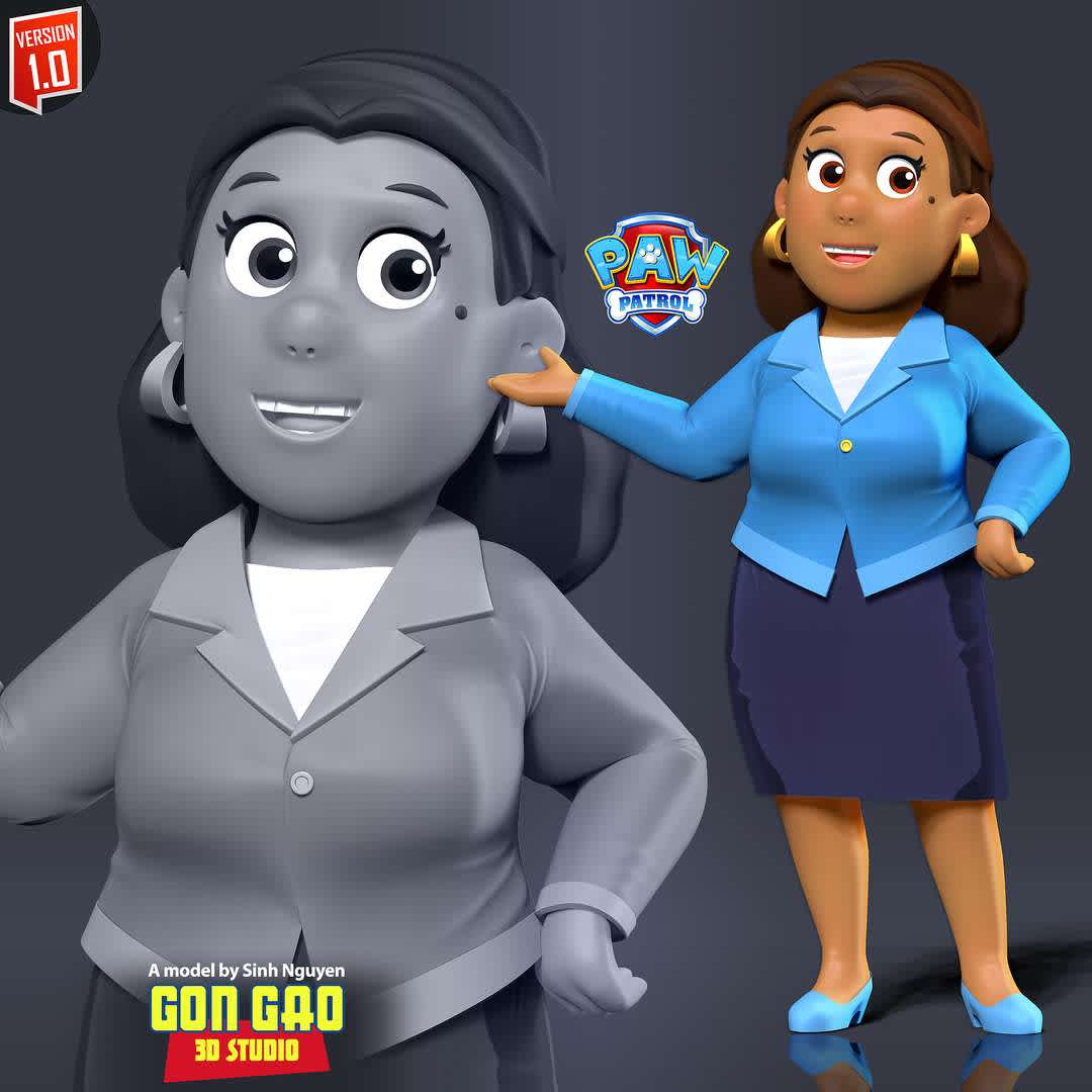 Mayor Goodway - Paw Patrol Fanart  - "Mayor Goodway is the mayor of Adventure Bay, who is a recurring character."

Basic parameters:

- STL format for 3D printing with 04 discrete objects
- Model height: 20cm
- Version 1.0: Polygons: 1755482 & Vertices: 1097165

Model ready for 3D printing.

Please vote positively for me if you find this model useful. - Os melhores arquivos para impressão 3D do mundo. Modelos stl divididos em partes para facilitar a impressão 3D. Todos os tipos de personagens, decoração, cosplay, próteses, peças. Qualidade na impressão 3D. Modelos 3D com preço acessível. Baixo custo. Compras coletivas de arquivos 3D.