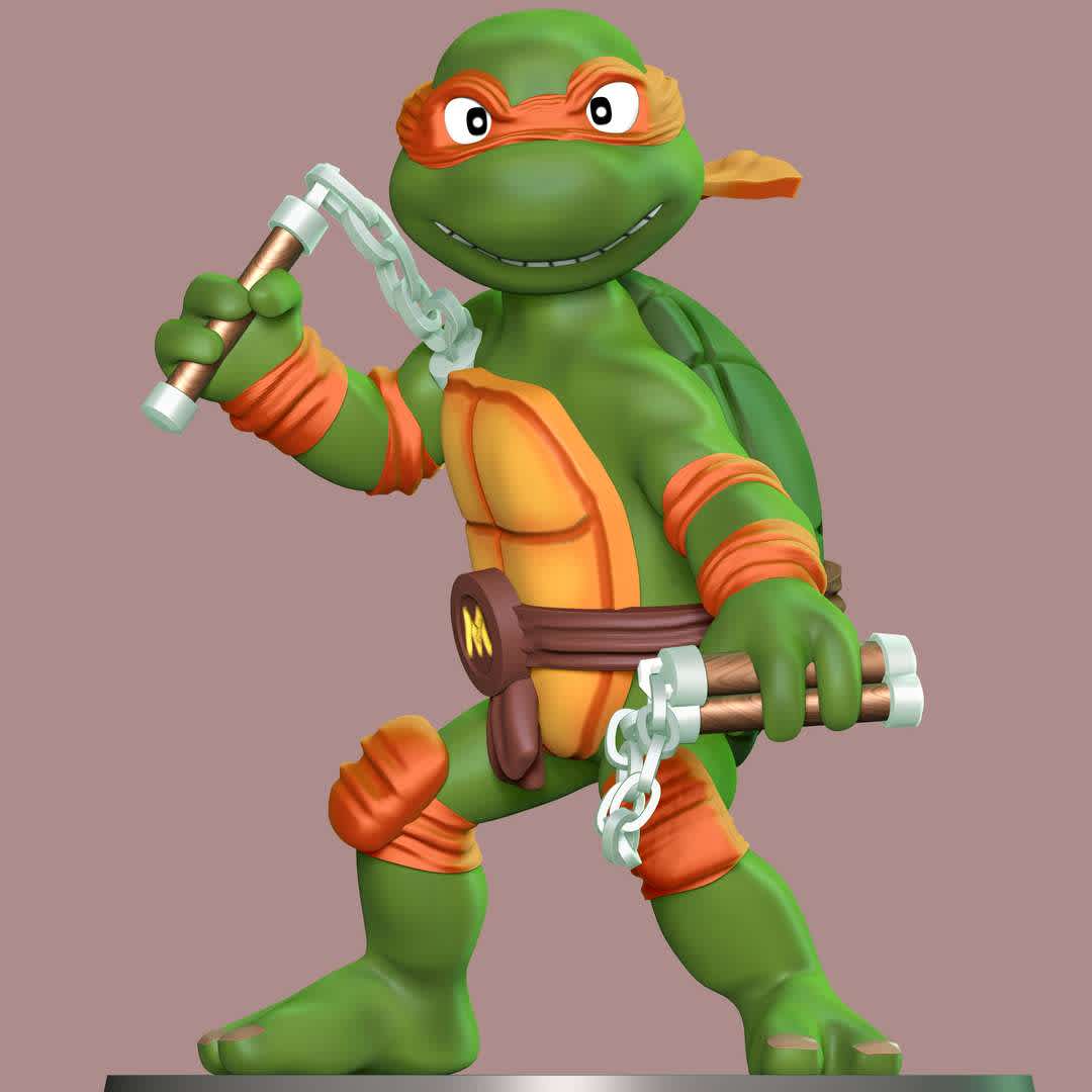 Michelangelo - teenage Mutant Ninja Turtles - **Michelangelo, nicknamed Mike or Mikey, is a superhero and one of the four main characters of the Teenage Mutant Ninja Turtles comic**

**The model ready for 3D printing.**

These information of model:

**- Format files: STL, OBJ to supporting 3D printing.**

**- Can be assembled without glue (glue is optional)**

**- Split down to 2 parts**

**- The height of current model is 20 cm and you can free to scale it.**

**- ZTL format for Zbrush for you to customize as you like.**

Please don't hesitate to contact me if you have any issues question.

If you see this model useful, please vote positively for it. - Los mejores archivos para impresión 3D del mundo. Modelos Stl divididos en partes para facilitar la impresión 3D. Todo tipo de personajes, decoración, cosplay, prótesis, piezas. Calidad en impresión 3D. Modelos 3D asequibles. Bajo costo. Compras colectivas de archivos 3D.