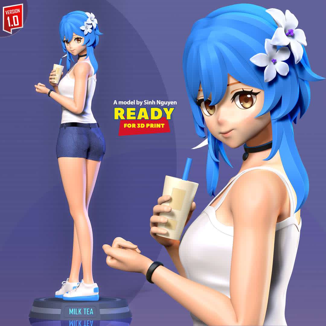 Milk tea girl - "This girl loves to drink milk tea, how about you?"

Based on the Traveler's face from the game Genshin Impact.

Basic parameters:

- STL, OBJ format for 3D printing with 04 discrete objects
- Model height: 22cm
- Version 1.0 - Polygons: 1615076 & Vertices: 843948

Model ready for 3D printing.

Please vote positively for me if you find this model useful. - The best files for 3D printing in the world. Stl models divided into parts to facilitate 3D printing. All kinds of characters, decoration, cosplay, prosthetics, pieces. Quality in 3D printing. Affordable 3D models. Low cost. Collective purchases of 3D files.