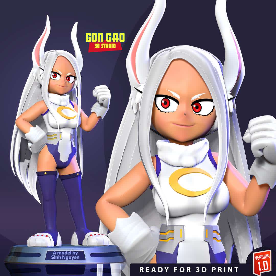 Mirko - My Hero Academia Fanart - "Mirko is a character in the popular anime and manga series My Hero Academia. She is a pro hero known for her incredible speed, agility, and combat skills."

Basic parameters:

- STL format for 3D printing with 05 discrete objects
- Model height: 20cm
- Version 1.0: Polygons: 2329422 & Vertices: 1204782

Model ready for 3D printing.

Please vote positively for me if you find this model useful. - The best files for 3D printing in the world. Stl models divided into parts to facilitate 3D printing. All kinds of characters, decoration, cosplay, prosthetics, pieces. Quality in 3D printing. Affordable 3D models. Low cost. Collective purchases of 3D files.