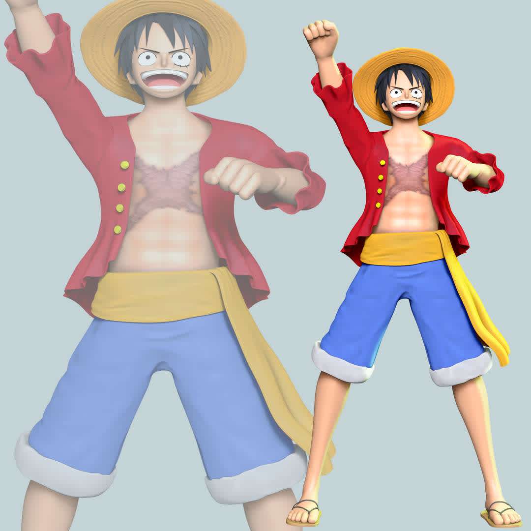 Monkey D Luffy - One Piece - These information of model:

**- The height of current model is 30 cm and you can free to scale it.**

**- Format files: STL, OBJ to supporting 3D printing.**

Please don't hesitate to contact me if you have any issues question. - The best files for 3D printing in the world. Stl models divided into parts to facilitate 3D printing. All kinds of characters, decoration, cosplay, prosthetics, pieces. Quality in 3D printing. Affordable 3D models. Low cost. Collective purchases of 3D files.