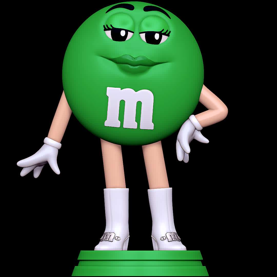 Ms. Green - M&M´S - The beauty of M&M´S - The best files for 3D printing in the world. Stl models divided into parts to facilitate 3D printing. All kinds of characters, decoration, cosplay, prosthetics, pieces. Quality in 3D printing. Affordable 3D models. Low cost. Collective purchases of 3D files.