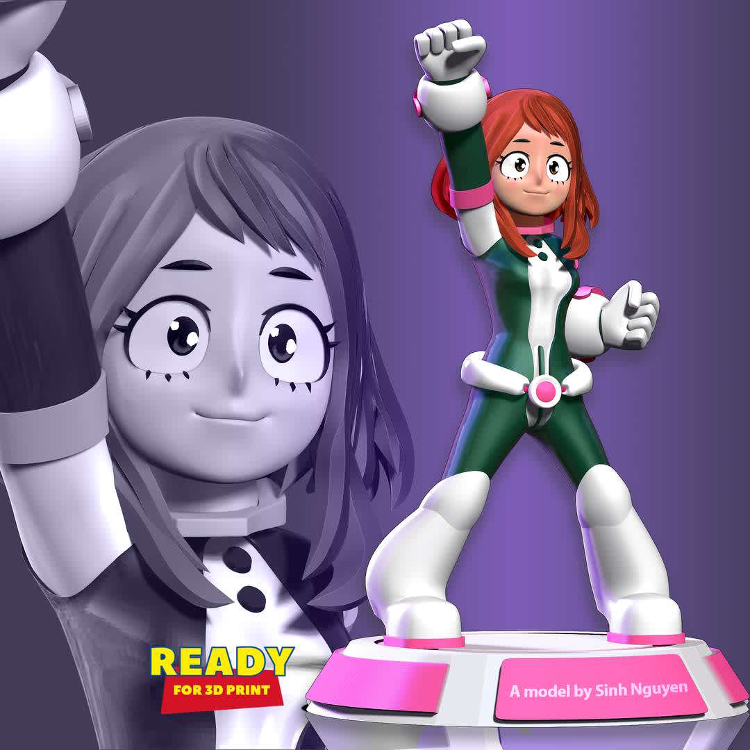 Ochaco Uraraka Fanart - Ochaco is a short girl of a slender yet curvaceous figure.

Basic parameters:

- STL, OBJ format for 3D printing with 4 discrete objects
- ZTL format for Zbrush (version 2019.1.2 or later)
- Model height: 20cm
- Version 1.0 - Polygons: 1005047 & Vertices: 568197

Model ready for 3D printing.

Please vote positively for me if you find this model useful. - The best files for 3D printing in the world. Stl models divided into parts to facilitate 3D printing. All kinds of characters, decoration, cosplay, prosthetics, pieces. Quality in 3D printing. Affordable 3D models. Low cost. Collective purchases of 3D files.