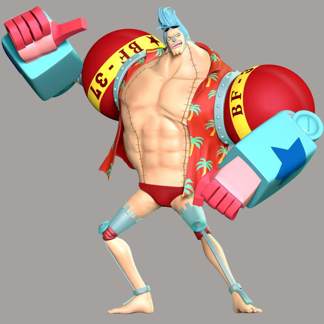 One Piece - Franky - These information of model:

**- The height of current model is 30 cm and you can free to scale it.**

**- Format files: STL, OBJ to supporting 3D printing.**

Please don't hesitate to contact me if you have any issues question. - The best files for 3D printing in the world. Stl models divided into parts to facilitate 3D printing. All kinds of characters, decoration, cosplay, prosthetics, pieces. Quality in 3D printing. Affordable 3D models. Low cost. Collective purchases of 3D files.