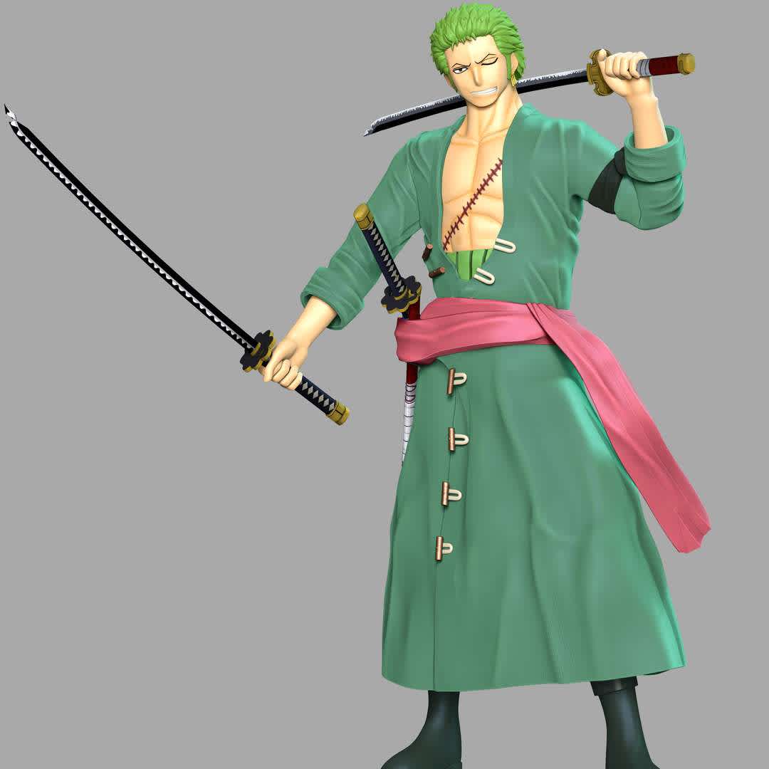 One Piece - Roronoa Zoro - These information of model:

**- The height of current model is 30 cm and you can free to scale it.**

**- Format files: STL, OBJ to supporting 3D printing.**

Please don't hesitate to contact me if you have any issues question. - The best files for 3D printing in the world. Stl models divided into parts to facilitate 3D printing. All kinds of characters, decoration, cosplay, prosthetics, pieces. Quality in 3D printing. Affordable 3D models. Low cost. Collective purchases of 3D files.