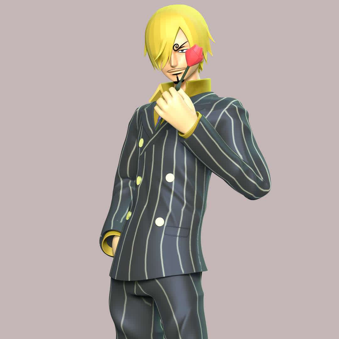 One piece - Sanji - **Sanji, born as Vinsmoke Sanji is the cook of the Straw Hat Pirates and one of the Senior Officers of the Straw Hat Grand Fleet.**

**The model ready for 3D printing.**

These information of model:

**- Format files: STL, OBJ to supporting 3D printing.**

**- Can be assembled without glue (glue is optional)**

**- Split down to 2 parts**

**- The height of current model is 20 cm and you can free to scale it.**

**- ZTL format for Zbrush for you to customize as you like.**

Please don't hesitate to contact me if you have any issues question.

If you see this model useful, please vote positively for it. - Los mejores archivos para impresión 3D del mundo. Modelos Stl divididos en partes para facilitar la impresión 3D. Todo tipo de personajes, decoración, cosplay, prótesis, piezas. Calidad en impresión 3D. Modelos 3D asequibles. Bajo costo. Compras colectivas de archivos 3D.