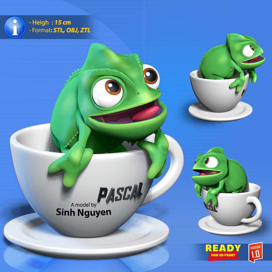 Pascal in cup - Every time I look at this pet chameleon, I find it funny. Do you see that too?

Basic parameters:

- STL, OBJ format for 3D printing with 03 discrete objects
- ZTL format for Zbrush (version 2019.1.2 or later)
- Model height: 15cm
- Version 1.0 - Polygons: 756136 & Vertices: 442074
Model ready for 3D printing.

Please vote positively for me if you find this model useful. - Os melhores arquivos para impressão 3D do mundo. Modelos stl divididos em partes para facilitar a impressão 3D. Todos os tipos de personagens, decoração, cosplay, próteses, peças. Qualidade na impressão 3D. Modelos 3D com preço acessível. Baixo custo. Compras coletivas de arquivos 3D.