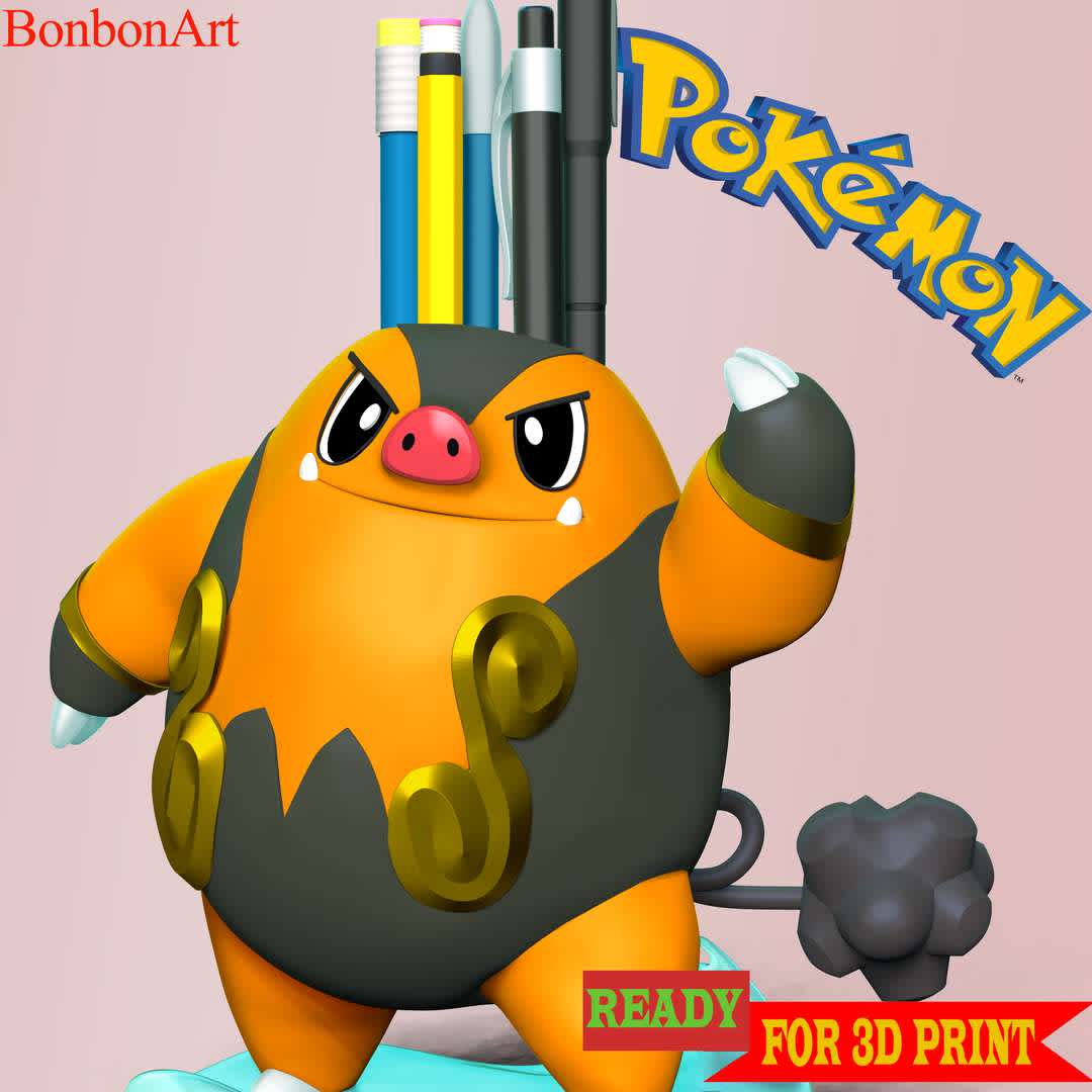Pignite Pokemon - Pen/pencil Holder - With Pignite will help you keep your pens and pencils neat and tidy.

This model has a height of 18 cm.

When you purchase this model, you will own:

 - STL, OBJ file with 03 separated files (included key to connect parts) is ready for 3D printing.

 - Zbrush original files (ZTL) for you to customize as you like.

This is version 1.0 of this model.

Thanks for viewing! Hope you like it. - Los mejores archivos para impresión 3D del mundo. Modelos Stl divididos en partes para facilitar la impresión 3D. Todo tipo de personajes, decoración, cosplay, prótesis, piezas. Calidad en impresión 3D. Modelos 3D asequibles. Bajo costo. Compras colectivas de archivos 3D.