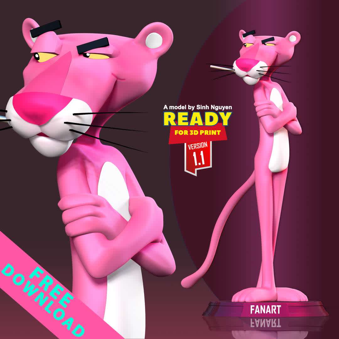 Pink Panther 3D model - Pink Panther - funny, amusing leopard and one of my favorite characters in my childhood.

Basic parameters:

- STL, OBJ format for 3D printing with 04 discrete objects
- ZTL format for Zbrush (version 2019.1.2 or later)
- Model height: 20cm
- Version 1.0 - Polygons: 914187 & Vertices: 523713

Model ready for 3D printing.

Please vote positively for me if you find this model useful. - Los mejores archivos para impresión 3D del mundo. Modelos Stl divididos en partes para facilitar la impresión 3D. Todo tipo de personajes, decoración, cosplay, prótesis, piezas. Calidad en impresión 3D. Modelos 3D asequibles. Bajo costo. Compras colectivas de archivos 3D.