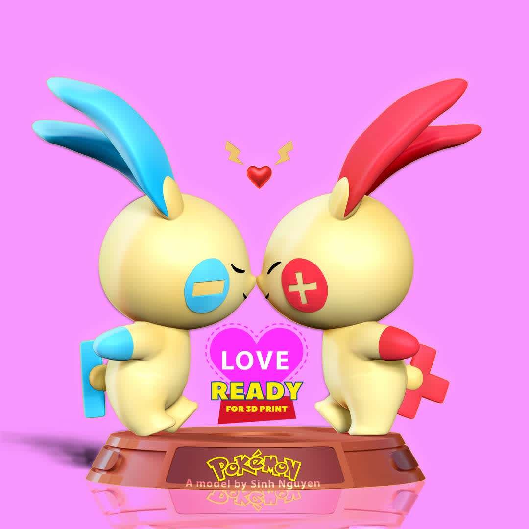 Plusle and Minun - Pokemon Fanart  - Love makes us stronger!!!

Basic parameters:

- STL, OBJ format for 3D printing with 03 discrete objects
- ZTL format for Zbrush (version 2019.1.2 or later)
- Model height: 15cm
- Version 1.0 - Polygons: 1441268 & Vertices: 1004586

Model ready for 3D printing.

Hope you like them. Thanks for viewing! - Los mejores archivos para impresión 3D del mundo. Modelos Stl divididos en partes para facilitar la impresión 3D. Todo tipo de personajes, decoración, cosplay, prótesis, piezas. Calidad en impresión 3D. Modelos 3D asequibles. Bajo costo. Compras colectivas de archivos 3D.