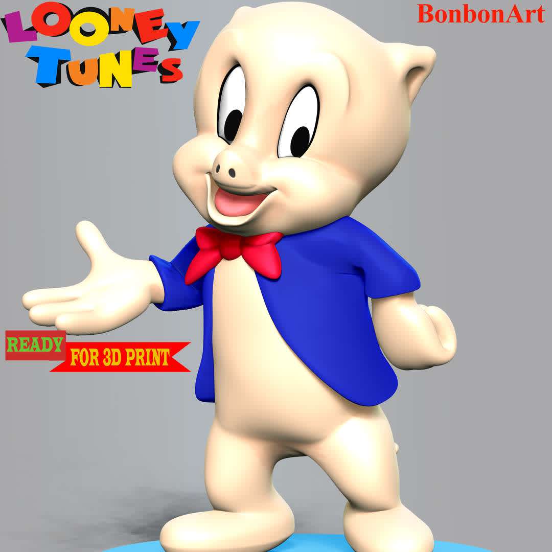 Porky Pig - Looney Tunes  - Porky Pig is an animated character in the Warner Bros. Looney Tunes and Merrie Melodies series of cartoons. He was the first character created by the studio to draw audiences based on his star power.

These information details of this model:

- Files format: STL, OBJ (included 02 separated files is ready for 3D printing). 
 - Zbrush original file (ZTL) for you to customize as you like.
 - The height is 15 cm
 - The version 1.0 

Hope you like him.
Don't hesitate to contact me if there are any problems during printing the model. - The best files for 3D printing in the world. Stl models divided into parts to facilitate 3D printing. All kinds of characters, decoration, cosplay, prosthetics, pieces. Quality in 3D printing. Affordable 3D models. Low cost. Collective purchases of 3D files.