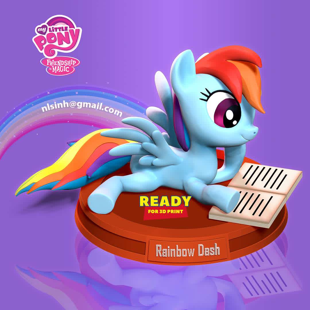 Rainbow Dash - Rainbow Dash is a female Pegasus pony and one of the main characters in My Little Pony Friendship is Magic.

Information: this model has a height of 07cm.

When you purchase this model, you will own:

-STL, OBJ file with 06 separated files (with key to connect together) is ready for 3D printing.

-Zbrush original files (ZTL) for you to customize as you like.

This is version 1.0 of this model.

Hope you like her. Thanks for viewing! - The best files for 3D printing in the world. Stl models divided into parts to facilitate 3D printing. All kinds of characters, decoration, cosplay, prosthetics, pieces. Quality in 3D printing. Affordable 3D models. Low cost. Collective purchases of 3D files.