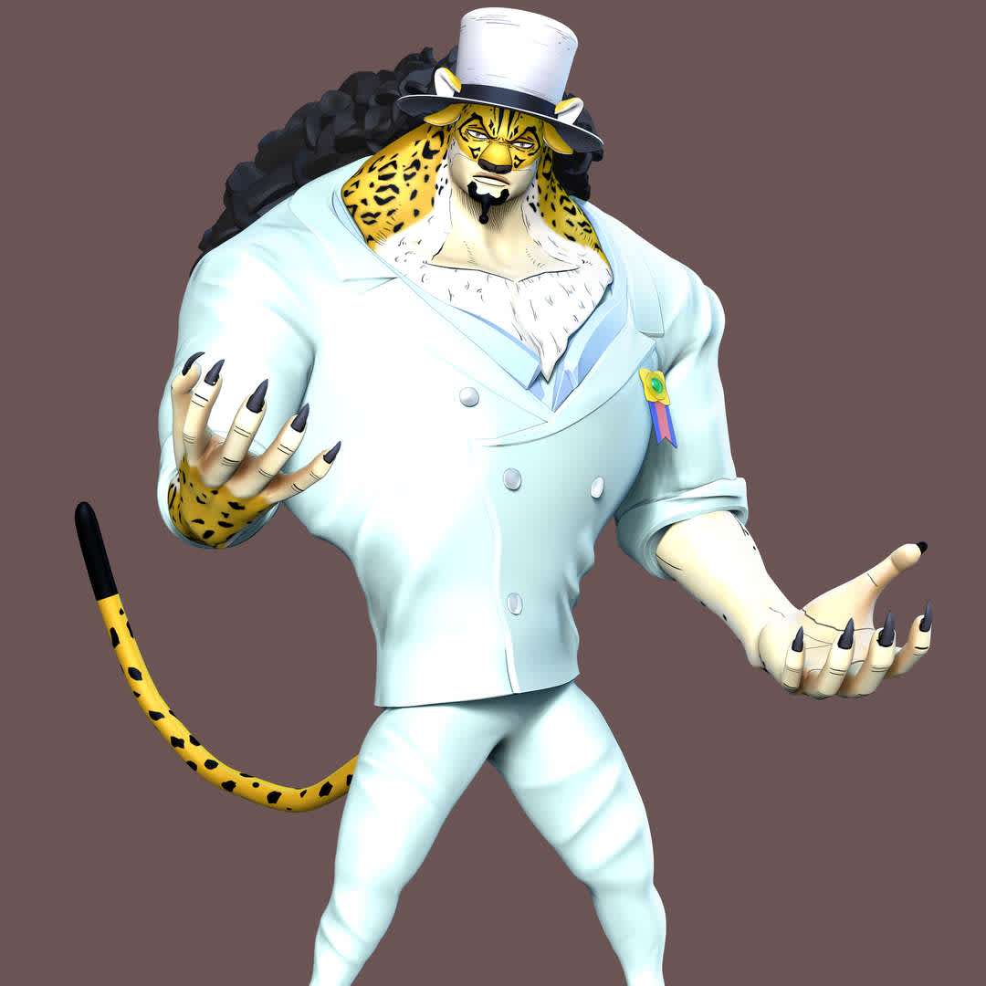 Rob Lucci beast form Leopard - One Piece - ** Rob Lucci also known as "Massacre Weapon" is a Cipher Pol agent of the World Government and a masked agent of CP0**

**The model ready for 3D printing.**

These information of model:

**- Format files: STL, OBJ to supporting 3D printing.**

**- Can be assembled without glue (glue is optional)**

**- Split down to 3 parts**

**- The height of current model is 20 cm and you can free to scale it.**

**- ZTL format for Zbrush for you to customize as you like.**

Please don't hesitate to contact me if you have any issues question.

If you see this model useful, please vote positively for it. - Os melhores arquivos para impressão 3D do mundo. Modelos stl divididos em partes para facilitar a impressão 3D. Todos os tipos de personagens, decoração, cosplay, próteses, peças. Qualidade na impressão 3D. Modelos 3D com preço acessível. Baixo custo. Compras coletivas de arquivos 3D.