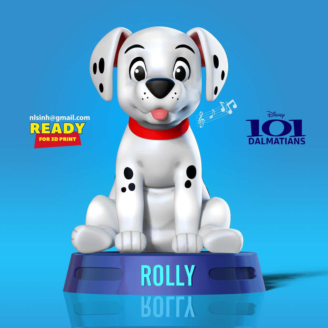 Rolly - 101 dalmatians  - Rolly is an obese Dalmatian puppy who first appeared in the film 101 Dalmatians.

When you purchase this model, you will own:

-STL, OBJ file with 03 separated files (with key to connect together) is ready for 3D printing.

-Zbrush original files (ZTL) for you to customize as you like.

This is version 1.0 of this model.

Hope you like him. Thanks for viewing! - The best files for 3D printing in the world. Stl models divided into parts to facilitate 3D printing. All kinds of characters, decoration, cosplay, prosthetics, pieces. Quality in 3D printing. Affordable 3D models. Low cost. Collective purchases of 3D files.