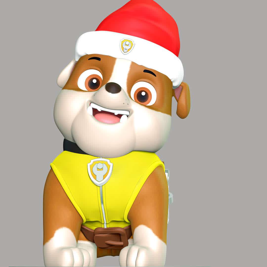 Rubble Christmas - Paw Patrol - **Let's celebrate Christmas with Rubble Paw Patrol**

These information of model:

**- The height of current model is 20 cm and you can free to scale it.**

**- Format files: STL, OBJ to supporting 3D printing.**

Please don't hesitate to contact me if you have any issues question. - Los mejores archivos para impresión 3D del mundo. Modelos Stl divididos en partes para facilitar la impresión 3D. Todo tipo de personajes, decoración, cosplay, prótesis, piezas. Calidad en impresión 3D. Modelos 3D asequibles. Bajo costo. Compras colectivas de archivos 3D.