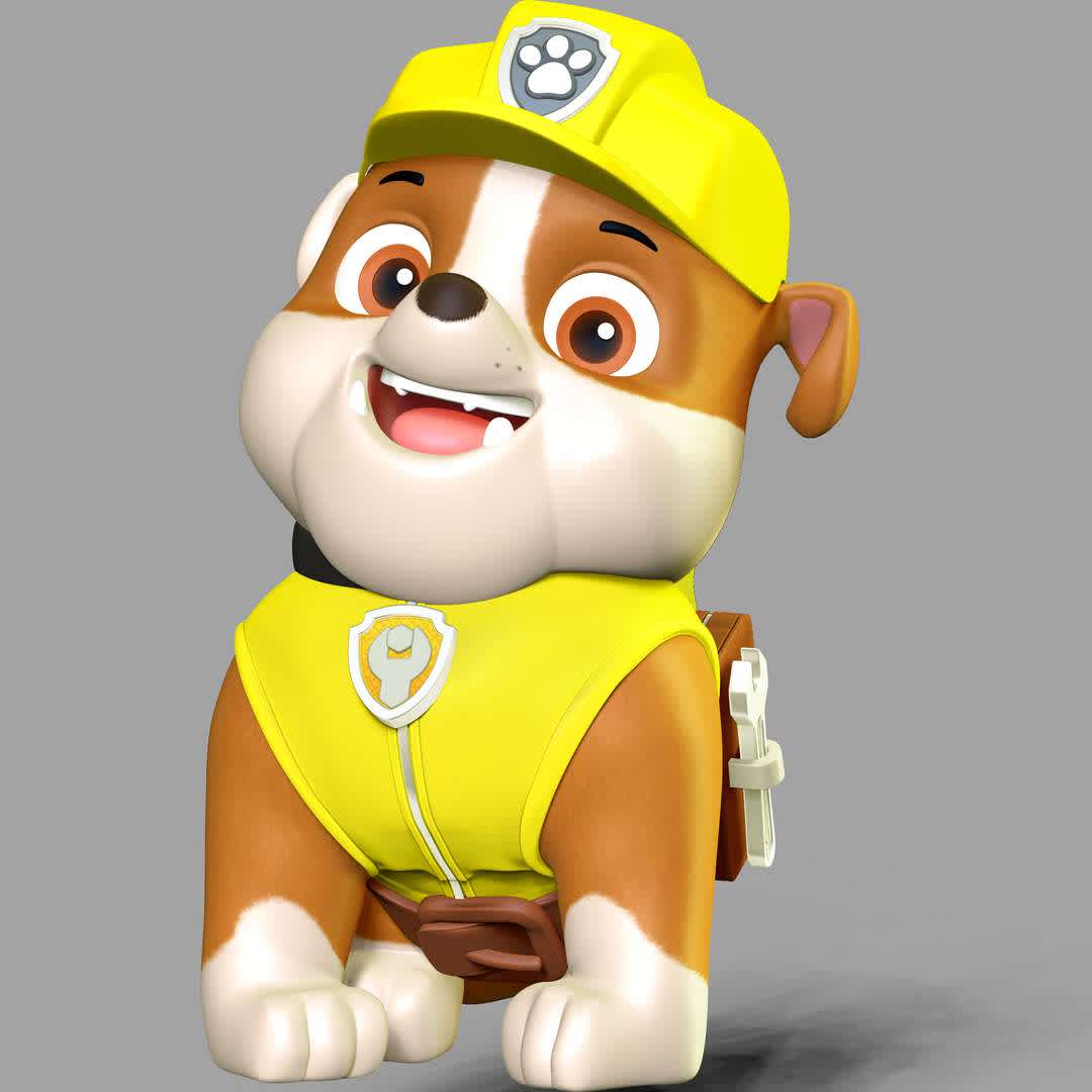 Rubble- Paw Patrol - **Rubble is to help with construction-related work and fix damaged buildings.**

These information of model:

**- The height of current model is 30 cm and you can free to scale it.**

**- Format files: STL, OBJ to supporting 3D printing.**

Please don't hesitate to contact me if you have any issues question. - Os melhores arquivos para impressão 3D do mundo. Modelos stl divididos em partes para facilitar a impressão 3D. Todos os tipos de personagens, decoração, cosplay, próteses, peças. Qualidade na impressão 3D. Modelos 3D com preço acessível. Baixo custo. Compras coletivas de arquivos 3D.