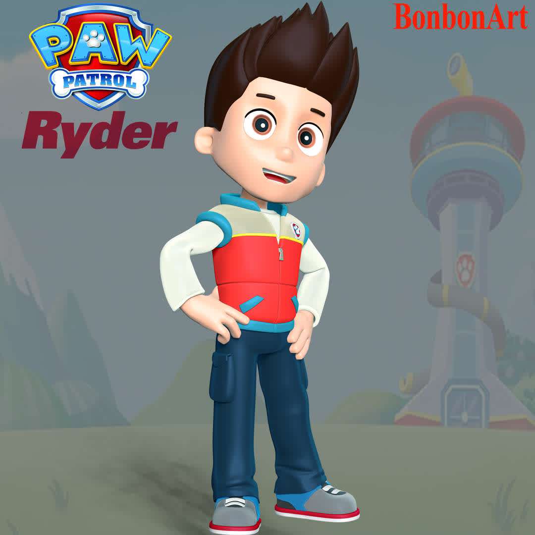 Ryder - Paw Patrol - Ryder is a ten-year-old boy and the main protagonist of the TV series PAW Patrol. He is the 1st member of the PAW Patrol and is the team's leader.

These information of this model:

 - Files format: STL, OBJ (included 03 separated files is ready for 3D printing). 
 - Zbrush original file (ZTL) for you to customize as you like.
 - The height is 20 cm
 - The version 1.0. 

The model ready for 3D printing.
Hope you like him.
Don't hesitate to contact me if there are any problems during printing the model - Os melhores arquivos para impressão 3D do mundo. Modelos stl divididos em partes para facilitar a impressão 3D. Todos os tipos de personagens, decoração, cosplay, próteses, peças. Qualidade na impressão 3D. Modelos 3D com preço acessível. Baixo custo. Compras coletivas de arquivos 3D.