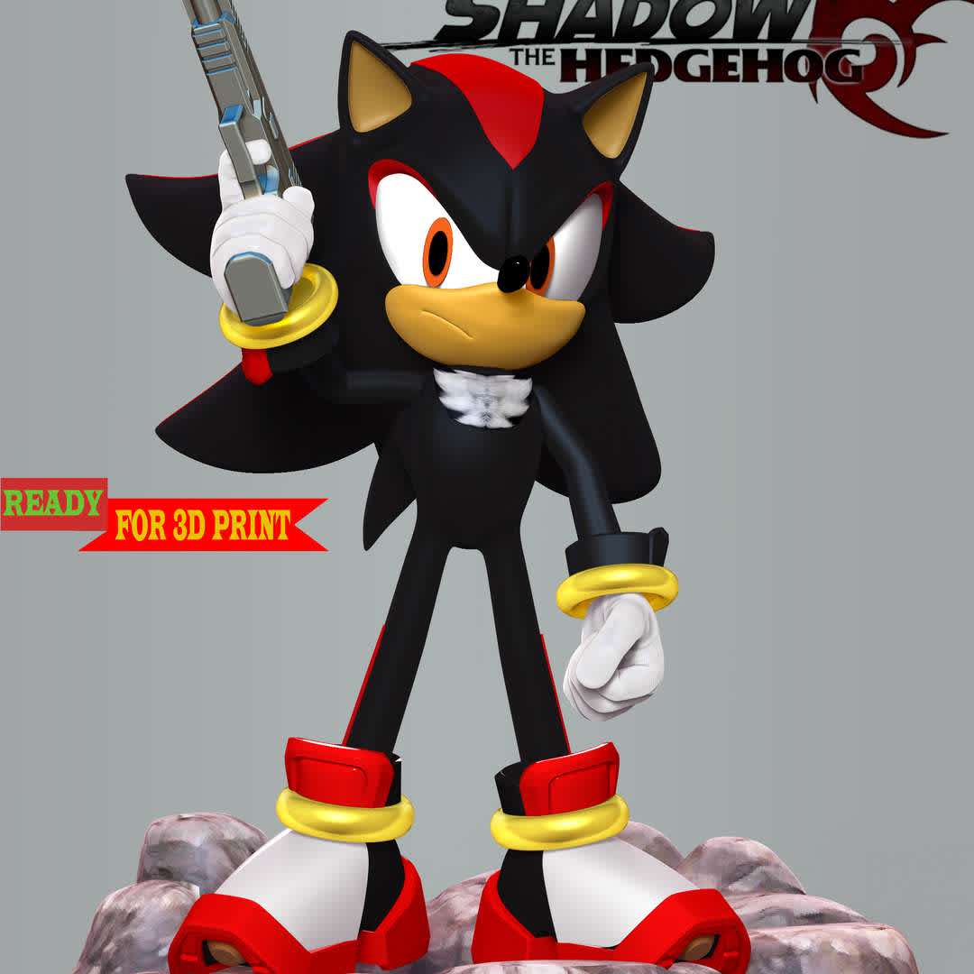 Shadow - Sonic The Hedgehog - Shadow the Hedgehog is a character appearing in Sega's Sonic the Hedgehog franchise. Shadow was created by Takashi Iizuka and Shiro Maekawa, and debuted in Sonic Adventure 2. Although this was intended to be his only appearance, Shadow proved so popular among fans that developer Sonic Team decided to include him in Sonic Heroes (2003). Shadow has since featured in numerous entries in the franchise, including the spin-off Shadow the Hedgehog (2005). He also appears in Sonic film and television adaptations, comics, and merchandise.

These information details of this model:

 - Files format: STL, OBJ (included 07 separated files is ready for 3D printing). 
 - Zbrush original file (ZTL) for you to customize as you like.
 - The height is 18 cm
 - Parammeter: Polygons: 1303228 & Vertices: 703578
 - The version 1.0. 

Hope you like it.
Don't hesitate to contact me if there are any problems during printing the model - Los mejores archivos para impresión 3D del mundo. Modelos Stl divididos en partes para facilitar la impresión 3D. Todo tipo de personajes, decoración, cosplay, prótesis, piezas. Calidad en impresión 3D. Modelos 3D asequibles. Bajo costo. Compras colectivas de archivos 3D.