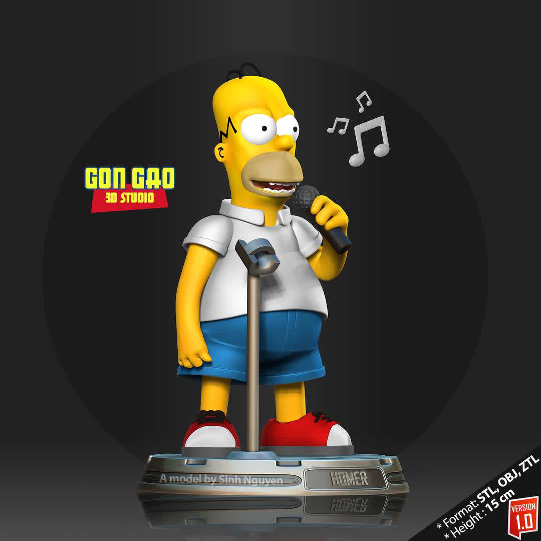 Singer Homer - "Homer Simpson: Sing up!"

Basic parameters:

- STL format for 3D printing with 04 discrete objects
- Model height: 15 cm
- Version 1.0 - Polygons: 1743630 & Vertices: 1120530

Model ready for 3D printing.

Please vote positively for me if you find this model useful. - Los mejores archivos para impresión 3D del mundo. Modelos Stl divididos en partes para facilitar la impresión 3D. Todo tipo de personajes, decoración, cosplay, prótesis, piezas. Calidad en impresión 3D. Modelos 3D asequibles. Bajo costo. Compras colectivas de archivos 3D.