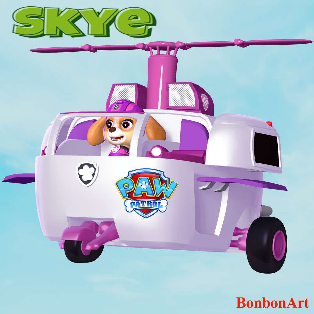 Skye Helicopter - Paw Patrol - Skye Helicopter - Paw Patrol

Skye is a female cockapoo (cocker spaniel/poodle mix) and one of the main protagonists in the PAW Patrol series. She is the first female member of the PAW Patrol, with the second being Everest. Her primary purpose is to keep a close eye on emergencies from above using her helicopter, and using her helicopter's grappling hook to save people and transport the team members from place to place if necessary.

These information of this model:

 - Files format: STL, OBJ (included 06 separated files is ready for 3D printing). 
 - Zbrush original file (ZTL) for you to customize as you like.
 - The height is 25 cm
 - The version 1.0. 

The model ready for 3D printing.
Hope you like her.
Don't hesitate to contact me if there are any problems during printing the model - The best files for 3D printing in the world. Stl models divided into parts to facilitate 3D printing. All kinds of characters, decoration, cosplay, prosthetics, pieces. Quality in 3D printing. Affordable 3D models. Low cost. Collective purchases of 3D files.