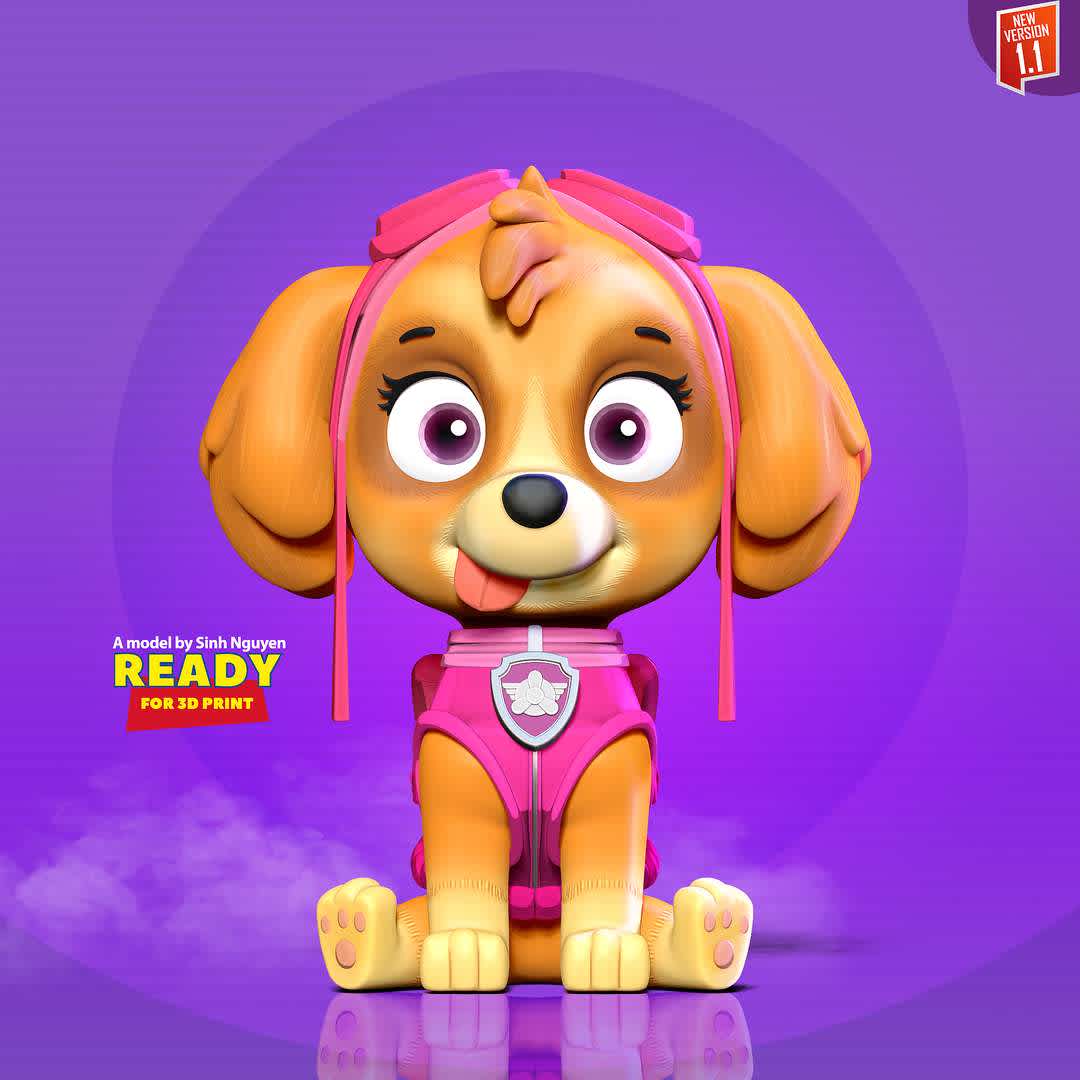 Skye - Paw Patrol  - "Skye is a seven-year-old cockapoo and the first female member of the PAW Patrol."

Basic parameters:

- STL format for 3D printing with 03 discrete objects
- Model height: 15cm
- Version 1.0: Polygons: 1808754 & Vertices: 970685

Model ready for 3D printing.

Please vote positively for me if you find this model useful. - Os melhores arquivos para impressão 3D do mundo. Modelos stl divididos em partes para facilitar a impressão 3D. Todos os tipos de personagens, decoração, cosplay, próteses, peças. Qualidade na impressão 3D. Modelos 3D com preço acessível. Baixo custo. Compras coletivas de arquivos 3D.