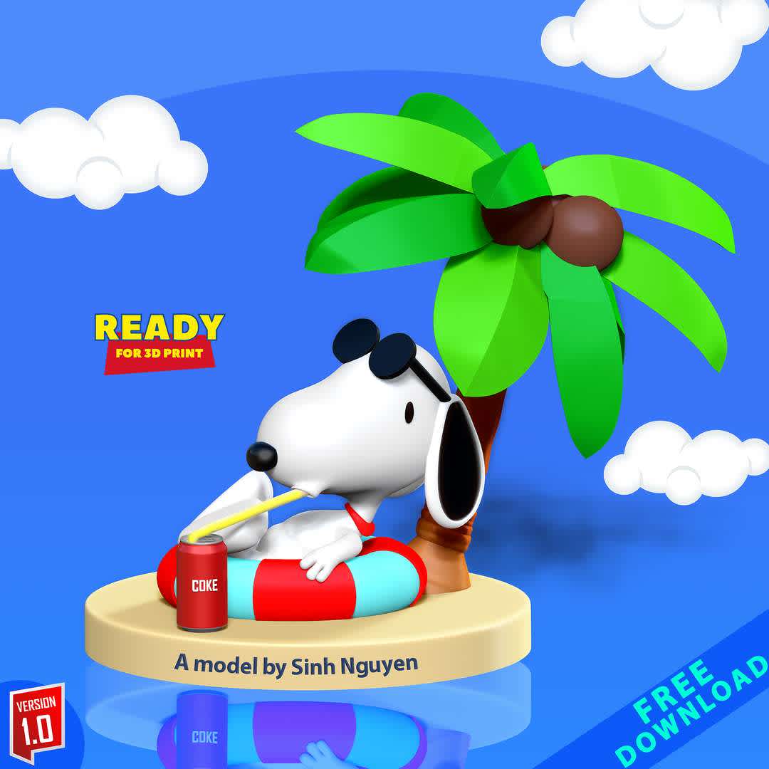 Snoopy at the beach - "Summer is here, let's go to the beach!"

Basic parameters:

- STL format for 3D printing with 05 discrete objects
- Model height: 15cm
- Version 1.0: Polygons: 1061896 & Vertices: 567175

Model ready for 3D printing.

Please vote positively for me if you find this model useful. - Los mejores archivos para impresión 3D del mundo. Modelos Stl divididos en partes para facilitar la impresión 3D. Todo tipo de personajes, decoración, cosplay, prótesis, piezas. Calidad en impresión 3D. Modelos 3D asequibles. Bajo costo. Compras colectivas de archivos 3D.