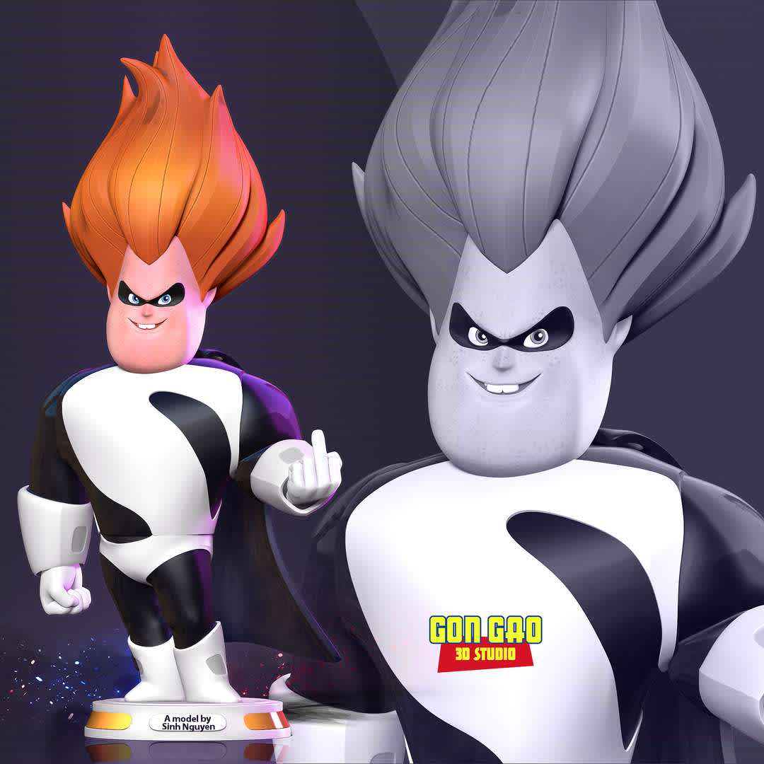 Syndrome - The Incredibles Fanart  - "Buddy Pine, also known as Syndrome, is the main antagonist of Pixar's 6th full-length animated feature film The Incredibles."

Basic parameters:

- STL, OBJ format for 3D printing with 04 discrete objects
- Model height: 20cm
- Version 1.0: Polygons: 1848390 & Vertices: 1098509

Model ready for 3D printing.

Please vote positively for me if you find this model useful. - The best files for 3D printing in the world. Stl models divided into parts to facilitate 3D printing. All kinds of characters, decoration, cosplay, prosthetics, pieces. Quality in 3D printing. Affordable 3D models. Low cost. Collective purchases of 3D files.