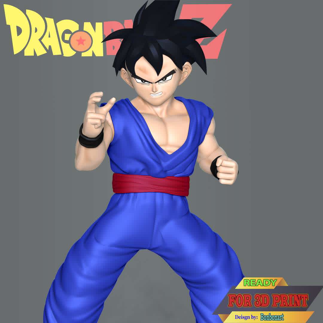 Teen Son Gohan - Dragon Ball - This model has a height of 15 cm.

When you purchase this model, you will own:

 - STL, OBJ file with 03 separated files (included key to connect parts) is ready for 3D printing.
 - Zbrush original files (ZTL) for you to customize as you like.

This is version 1.0 of this model.

Thanks for viewing! Hope you like him.  - The best files for 3D printing in the world. Stl models divided into parts to facilitate 3D printing. All kinds of characters, decoration, cosplay, prosthetics, pieces. Quality in 3D printing. Affordable 3D models. Low cost. Collective purchases of 3D files.