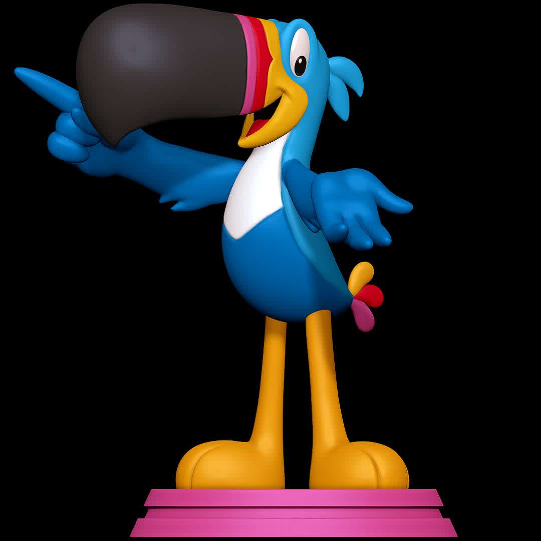 Toucan Sam - Froot Loops - A bird mascot from the famous cereal Froot Loops - The best files for 3D printing in the world. Stl models divided into parts to facilitate 3D printing. All kinds of characters, decoration, cosplay, prosthetics, pieces. Quality in 3D printing. Affordable 3D models. Low cost. Collective purchases of 3D files.