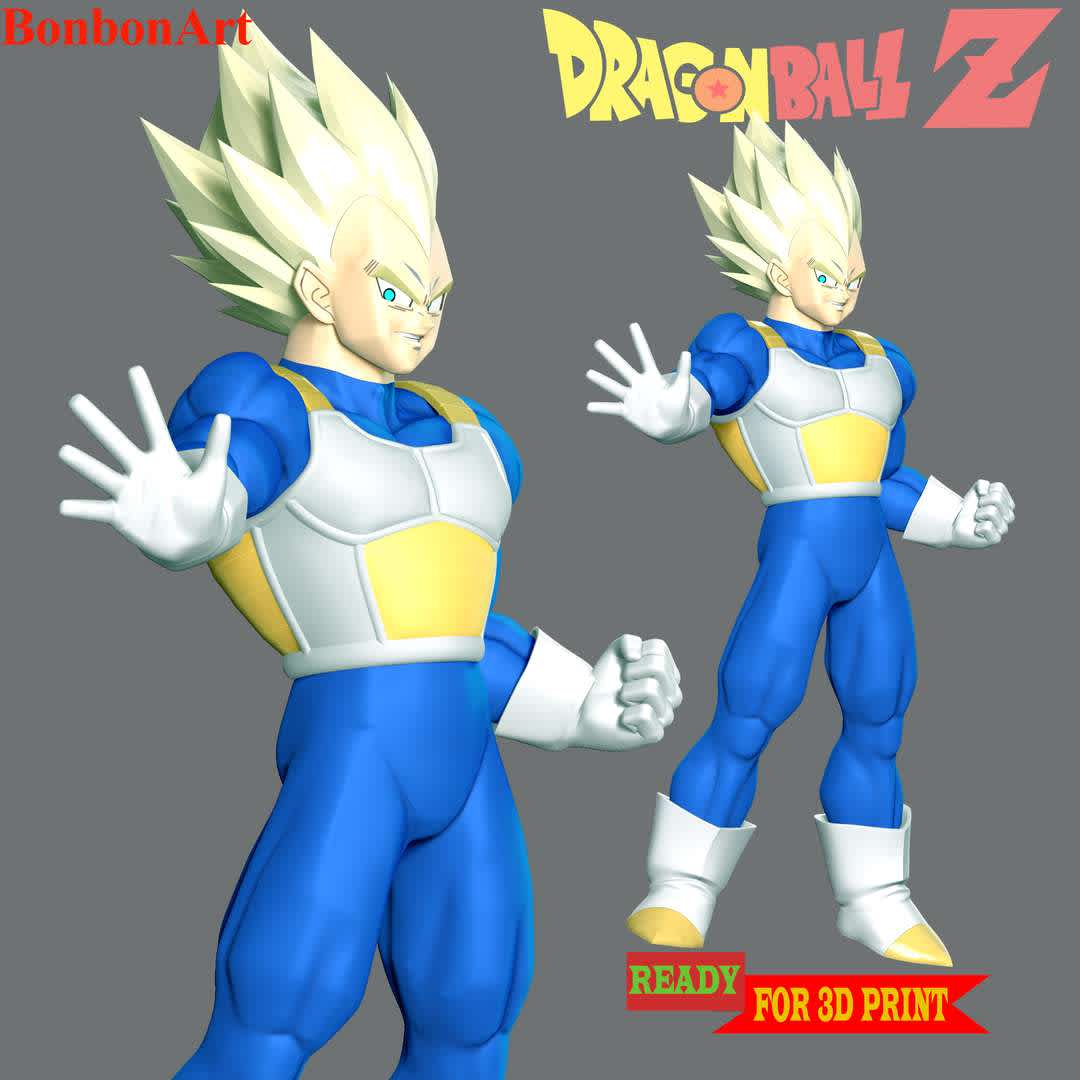  Vegeta SSJ - Dragon Ball - Vegeta is the prince of the fallen Saiyan race and the husband of Bulma, the father of Trunks and Bulla, the eldest son of King Vegeta, as well as one of the main characters of the Dragon Ball series.

These information details of this model:

- Files format: STL, OBJ (included 04 separated files is ready for 3D printing). 
 - Zbrush original file (ZTL) for you to customize as you like.
 - The height is 20 cm
 - The version 1.0 

Hope you like him.
Don't hesitate to contact me if there are any problems during printing the model - Os melhores arquivos para impressão 3D do mundo. Modelos stl divididos em partes para facilitar a impressão 3D. Todos os tipos de personagens, decoração, cosplay, próteses, peças. Qualidade na impressão 3D. Modelos 3D com preço acessível. Baixo custo. Compras coletivas de arquivos 3D.