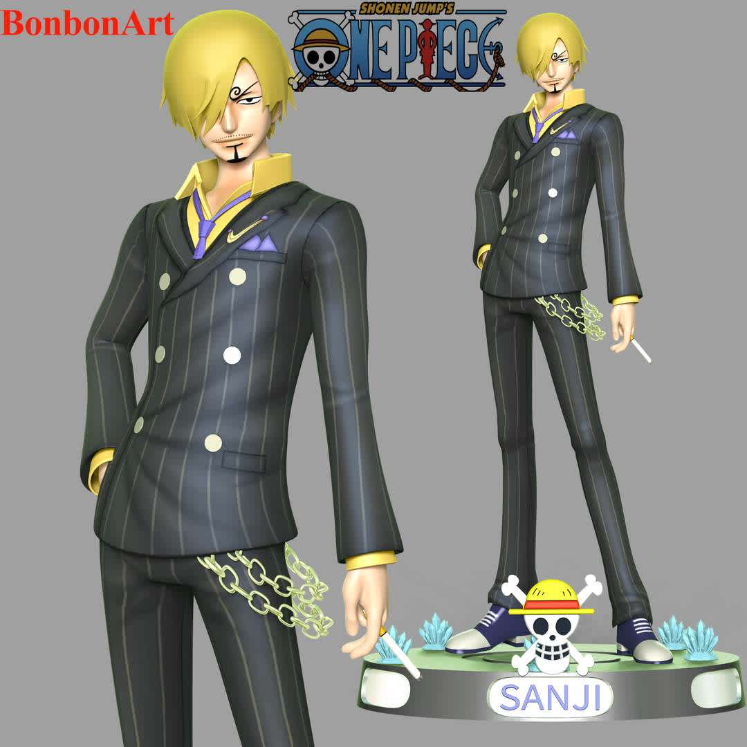 Vinsmoke Sanji - One Piece - Sanji is the cook of the Straw Hat Pirates and one of the Nine Senior Officers of the Straw Hat Grand Fleet.He is the fifth member of the crew and the fourth to join.

These information of this model:
- The model ready for 3D printing.
- The model current size is 20cm height, but you are free to scale it.
- Files format: STL, OBJ (included 04 separated files is ready for 3D printing). 
- Also includes Zbrush original file (ZTL) for you to customize as you like.

Hope you like him.
If you have any questions please don't hesitate to contact me. I will respond you ASAP. - The best files for 3D printing in the world. Stl models divided into parts to facilitate 3D printing. All kinds of characters, decoration, cosplay, prosthetics, pieces. Quality in 3D printing. Affordable 3D models. Low cost. Collective purchases of 3D files.