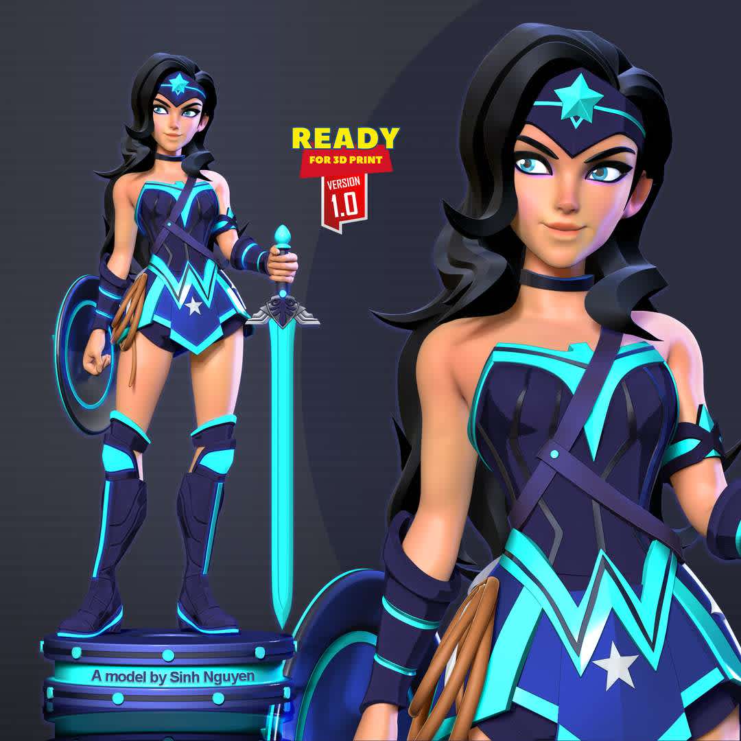 Wonder Woman - MultiVersus Fanart - "Diana of Themyscira, also known as Wonder Woman, is a Fighter from the DC Universe in MultiVersus."

Basic parameters:

- STL, OBJ format for 3D printing with 05 discrete objects
- ZTL format for Zbrush (version 2019.1.2 or later)
- Model height: 20cm
- Version 1.0 - Polygons: 2169642 & Vertices: 1167348

Model ready for 3D printing.

Please vote positively for me if you find this model useful. - The best files for 3D printing in the world. Stl models divided into parts to facilitate 3D printing. All kinds of characters, decoration, cosplay, prosthetics, pieces. Quality in 3D printing. Affordable 3D models. Low cost. Collective purchases of 3D files.