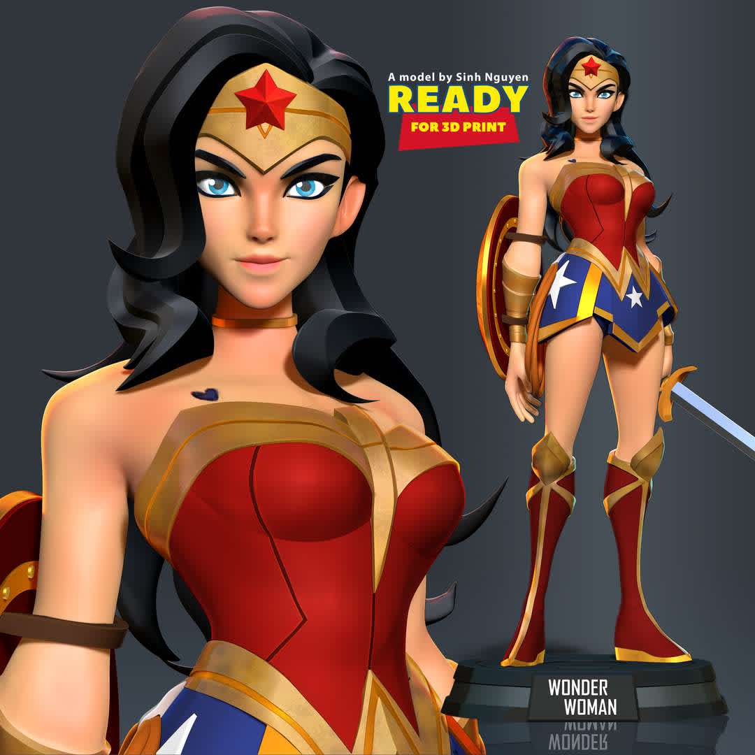 Wonder Woman Stylized - I love Wonder Woman and I have faith that you are just like me.

This model is based on the DC World's Collide character Wonder Woman.

* Information: this model has a height of 18cm.

When you purchase this model, you will own:

1. STL, OBJ file with 07 separated files (with key to connect together) is ready for 3D printing.

2. Zbrush original files (ZTL) for you to customize as you like.

This is version 1.0 of this model.

Hope you like her. Please vote positively for me if it is useful to you. Thanks so much!!!! - The best files for 3D printing in the world. Stl models divided into parts to facilitate 3D printing. All kinds of characters, decoration, cosplay, prosthetics, pieces. Quality in 3D printing. Affordable 3D models. Low cost. Collective purchases of 3D files.