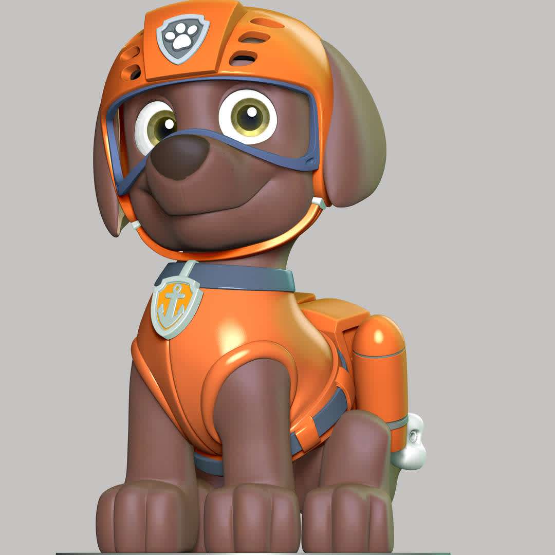 Zuma - Paw Patrol - These information of model:

**- The height of current model is 20 cm and you can free to scale it.**

**- Format files: STL, OBJ to supporting 3D printing.**

Please don't hesitate to contact me if you have any issues question. - The best files for 3D printing in the world. Stl models divided into parts to facilitate 3D printing. All kinds of characters, decoration, cosplay, prosthetics, pieces. Quality in 3D printing. Affordable 3D models. Low cost. Collective purchases of 3D files.