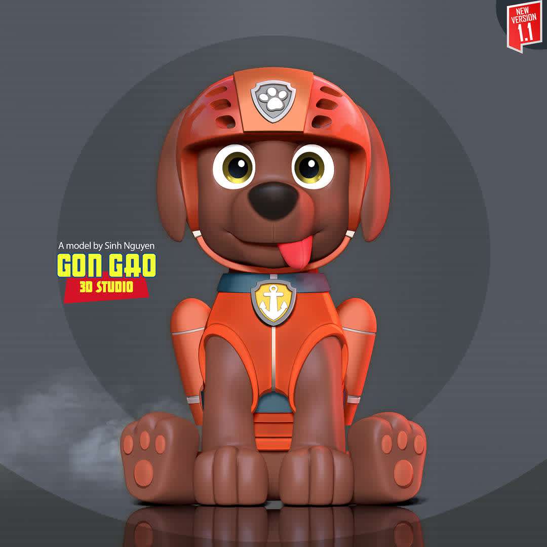 Zuma - Paw Patrol Fanart  - "Zuma is one of the seven main protagonists in the TV series, PAW Patrol."

Basic parameters:

- STL format for 3D printing with 03 discrete objects
- Model height: 15cm
- Version 1.0: Polygons: 1536759 & Vertices: 793846

Model ready for 3D printing.

Please vote positively for me if you find this model useful. - Los mejores archivos para impresión 3D del mundo. Modelos Stl divididos en partes para facilitar la impresión 3D. Todo tipo de personajes, decoración, cosplay, prótesis, piezas. Calidad en impresión 3D. Modelos 3D asequibles. Bajo costo. Compras colectivas de archivos 3D.