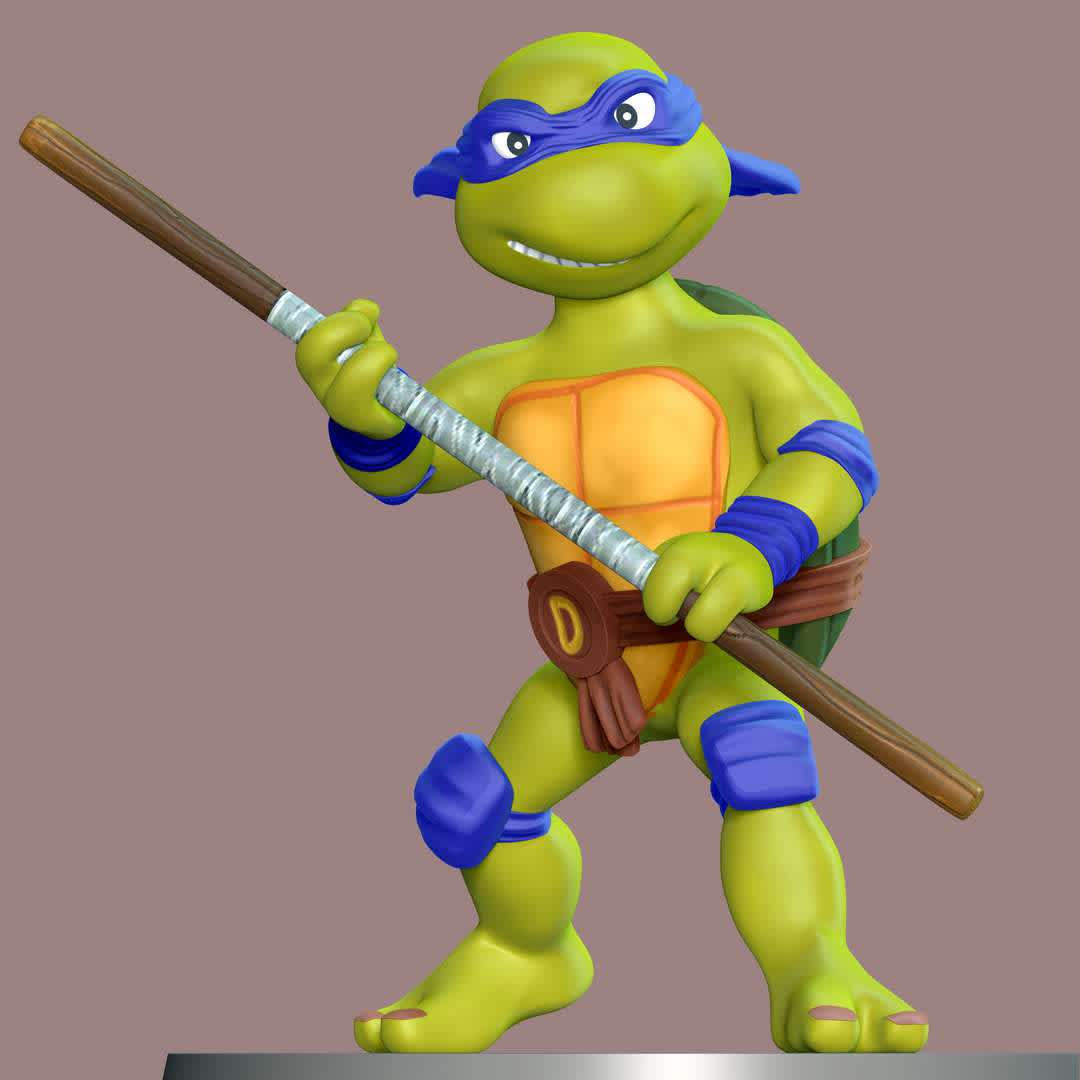 Donatello - Teenage Mutant Ninja Turtles, **Donatello, nicknamed Don or Donnie/Donny, is a superhero and one of the four main characters of the Teenage Mutant Ninja Turtles comics**

**The model ready for 3D printing.**

These information of model:

**- Format files: STL, OBJ to supporting 3D printing.**

**- Can be assembled without glue (glue is optional)**

**- Split down to 2 parts**

**- The height of current model is 20 cm and you can free to scale it.**

**- ZTL format for Zbrush for you to customize as you like.**

Please don't hesitate to contact me if you have any issues question.

If you see this model useful, please vote positively for it.