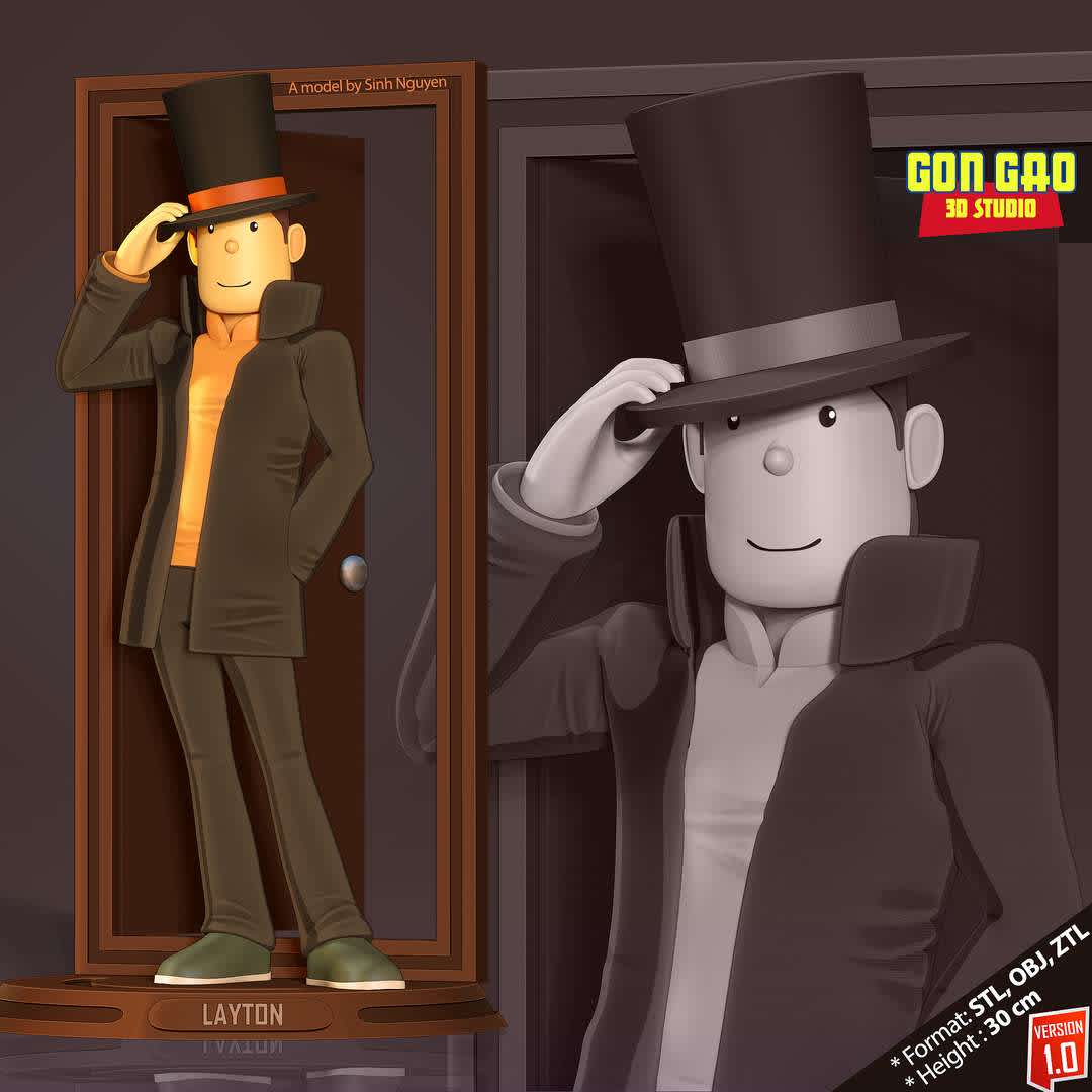 Professor Layton, "Professor Layton and the Curious Village is a puzzle adventure video game for the Nintendo DS system."

Basic parameters:

- STL format for 3D printing with 05 discrete objects
- Model height: 30 cm
- Version 1.0 - Polygons: 1422599 & Vertices: 909181

Model ready for 3D printing.

Please vote positively for me if you find this model useful.