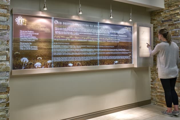 Welcome Wall, Donor Tribute, History Wall, and Prayer Niche