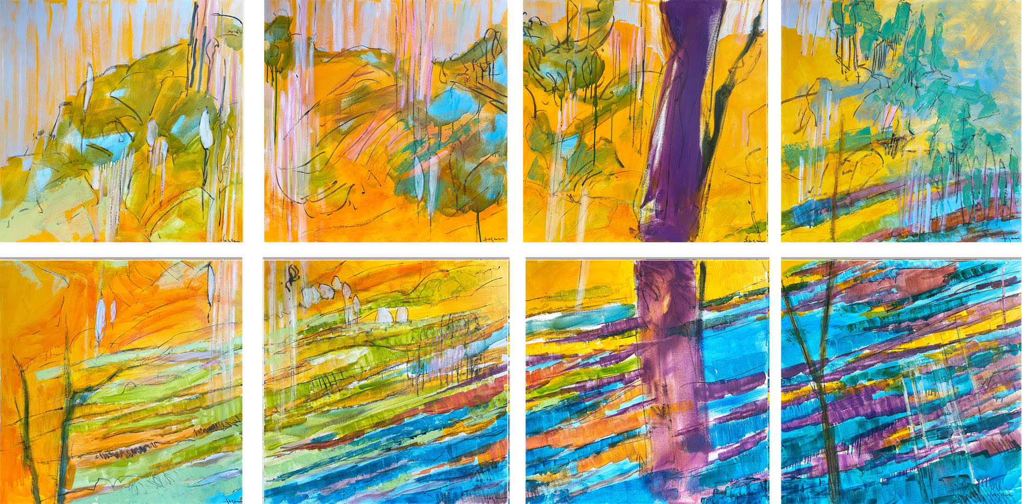 River Theme Mural for Corporate Lobby. Yellow Landscape Abstract Painting