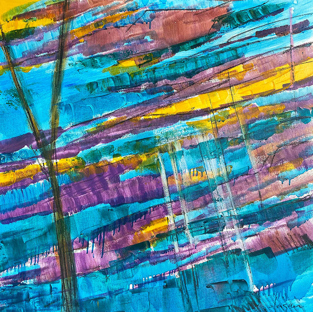 River Theme Mural for Corporate Lobby. Yellow Landscape Abstract Painting