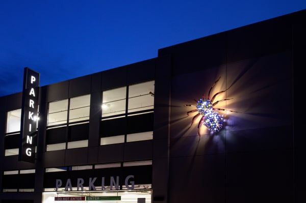A design for a parking garage in Morgan Hill, CA inspired Huether to playfully incorporate the town’s unique identity into an otherwise commonplace structure. Photo by Partners 2 Media