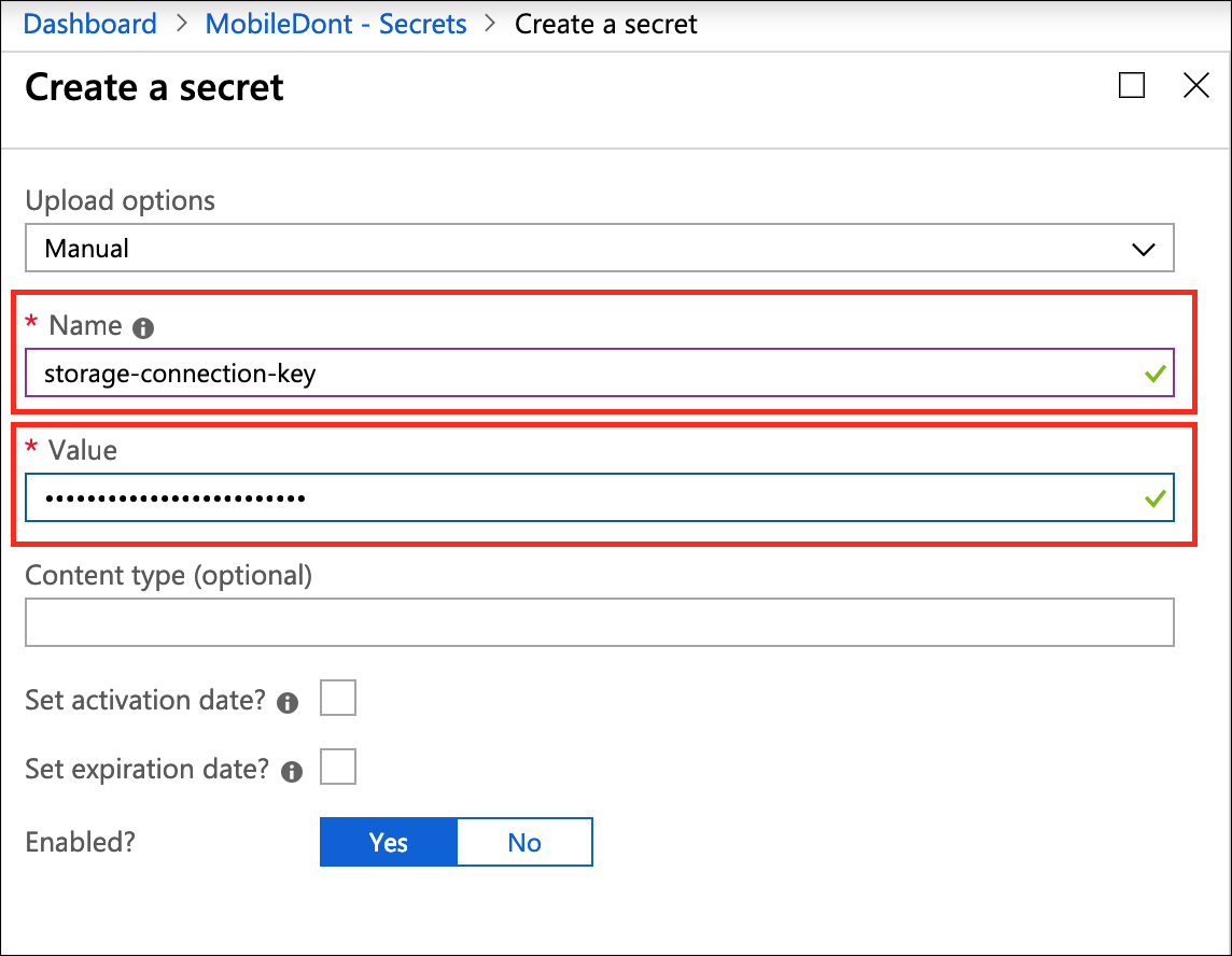 setting the storage connection key value