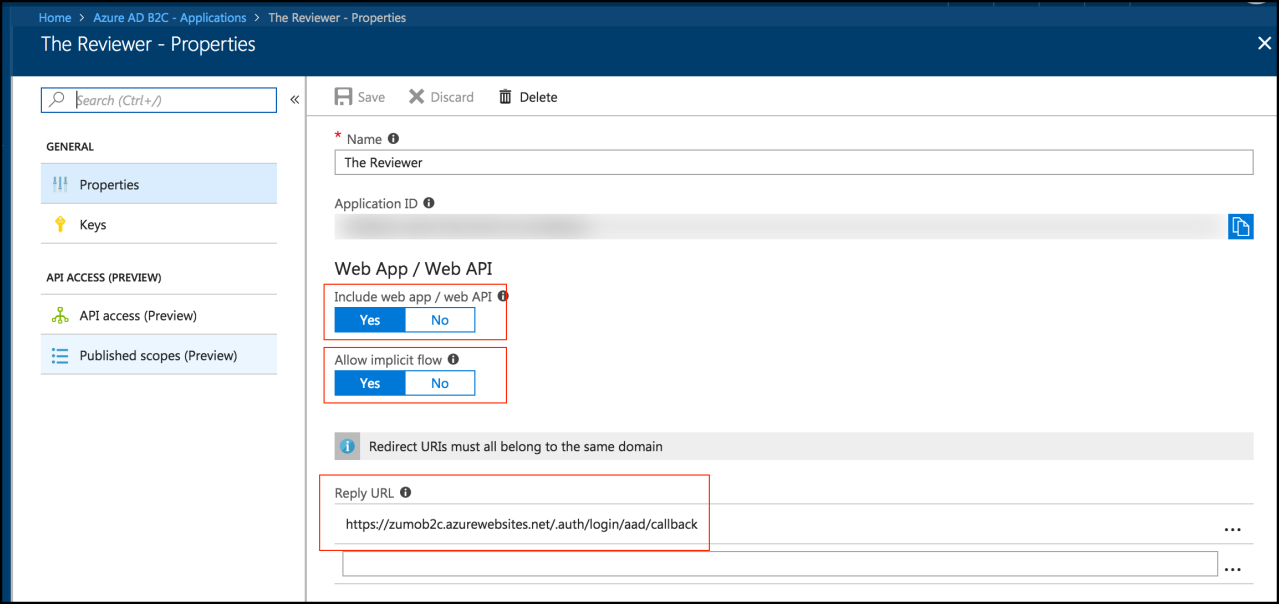 Configured callback URL in AADB2C tenant's application