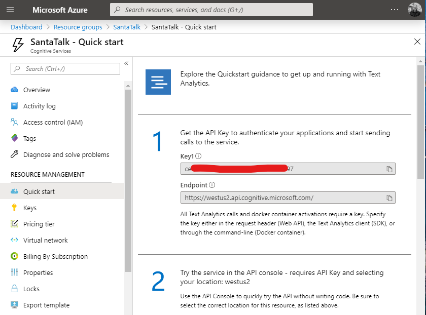 screenshot of finding the API key and url for text analytics