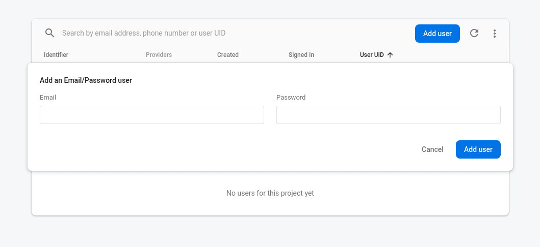 Firebase Console: Create new user